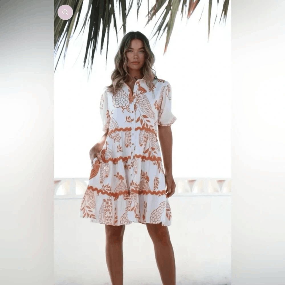 Meadow Rhodes White Orange Puff Sleeve Mini Sun Dress Women's Size Large